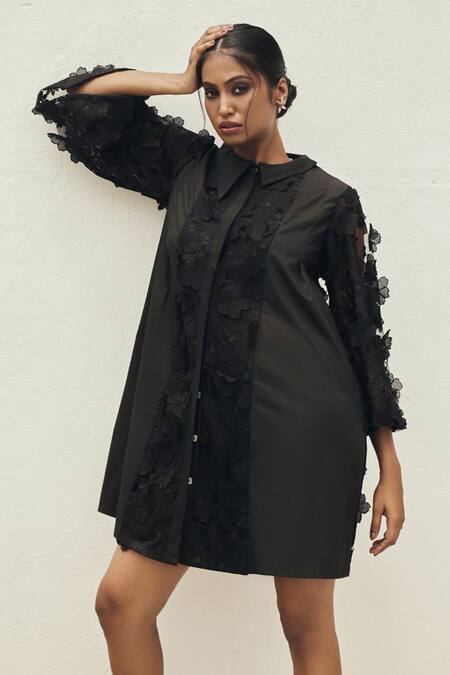 Couché By Anandini_Black Cotton, Lycra, Tulle, Viscose, Organza Embroidery Button Down Shirt Dress _Online_at_Aza_Fashions