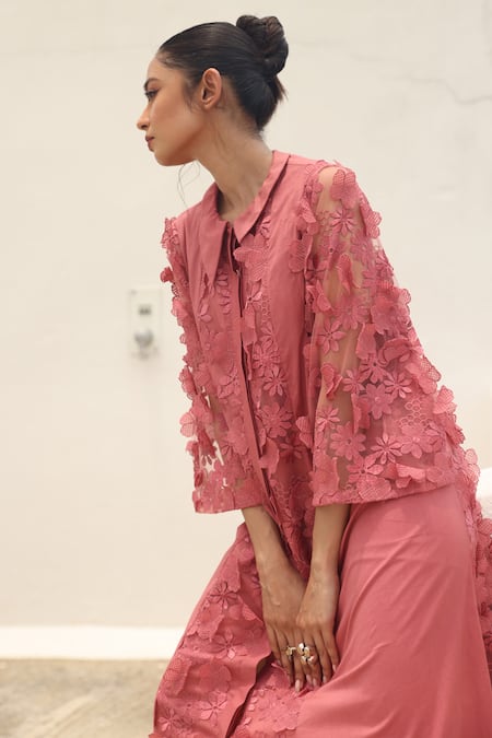 COUCHÉ By Anandini_Pink Cotton, Tulle, Viscose Embroidery Collared Floral Applique Shirt Dress _Online_at_Aza_Fashions