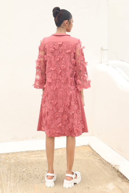 Buy_COUCHÉ By Anandini_Pink Cotton, Tulle, Viscose Embroidery Collared Floral Applique Shirt Dress _Online_at_Aza_Fashions