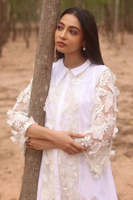 COUCHÉ By Anandini_Ivory Cotton, Lycra, Tulle, Viscose Embroidery Polo Floral Panelled Shirt Dress _Online_at_Aza_Fashions