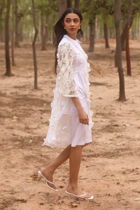 Buy_COUCHÉ By Anandini_Ivory Cotton, Lycra, Tulle, Viscose Embroidery Polo Floral Panelled Shirt Dress _Online_at_Aza_Fashions