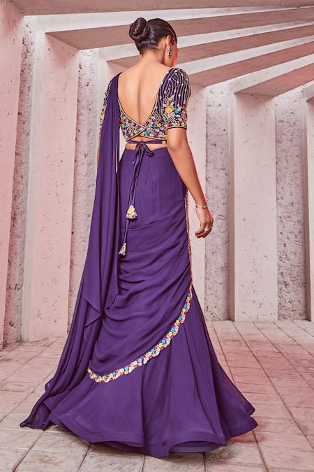 Shop Miku Kumar Purple Silk, Georgette Sequins, Embroidery V-neck Pre-draped Saree With Blouse at Aza Fashions Shop_Miku Kumar_Purple Silk, Georgette Sequins, Embroidery V-neck Pre-draped Saree With Blouse _at_Aza_Fashions