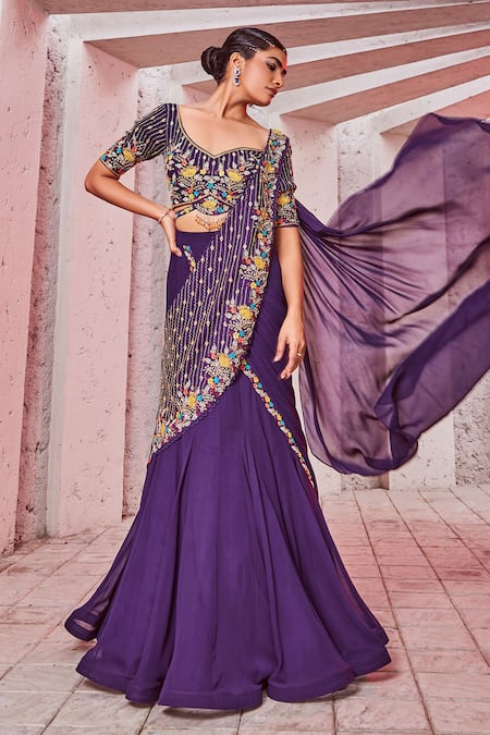 Miku Kumar Purple Silk, Georgette Sequins, Embroidery V-neck Pre-draped Saree With Blouse Online at Aza Fashions Miku Kumar_Purple Silk, Georgette Sequins, Embroidery V-neck Pre-draped Saree With Blouse _Online_at_Aza_Fashions
