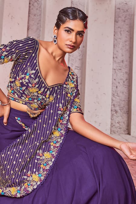 Buy Miku Kumar Purple Silk, Georgette Sequins, Embroidery V-neck Pre-draped Saree With Blouse Online at Aza Fashions Buy_Miku Kumar_Purple Silk, Georgette Sequins, Embroidery V-neck Pre-draped Saree With Blouse _Online_at_Aza_Fashions