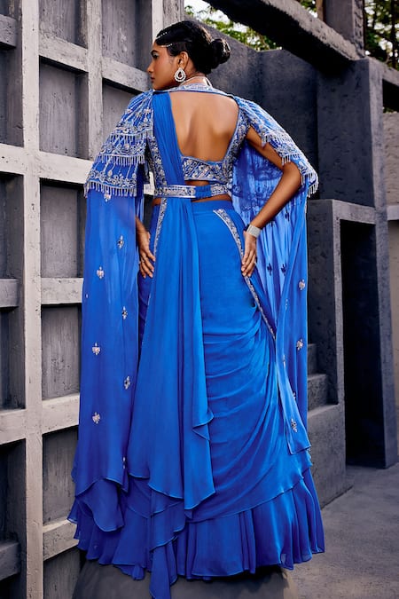 Shop Miku Kumar Blue Georgette Embroidery, Tassels Cape And Pre-draped Lehenga Saree Set at Aza Fashions Shop_Miku Kumar_Blue Georgette Embroidery, Tassels Cape And Pre-draped Lehenga Saree Set _at_Aza_Fashions