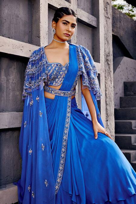 Miku Kumar Blue Georgette Embroidery, Tassels Cape And Pre-draped Lehenga Saree Set Online at Aza Fashions Miku Kumar_Blue Georgette Embroidery, Tassels Cape And Pre-draped Lehenga Saree Set _Online_at_Aza_Fashions