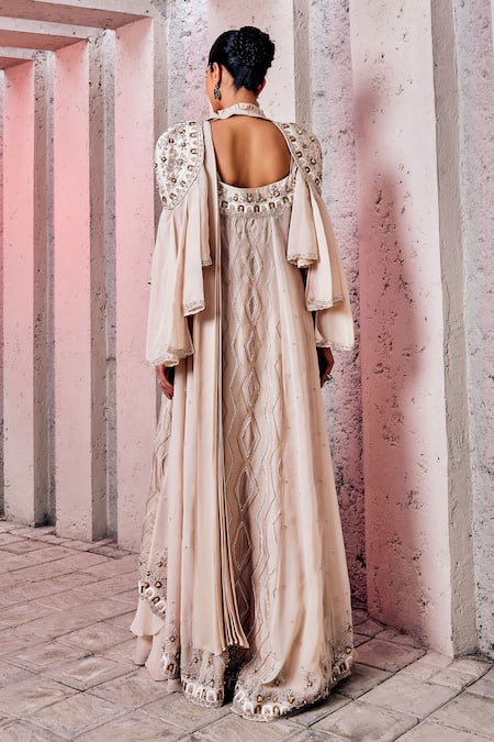 Shop Miku Kumar Ivory Georgette, Viscose Embroidery Layered Cape And Pre-draped Lehenga Saree Set at Aza Fashions Shop_Miku Kumar_Ivory Georgette, Viscose Embroidery Layered Cape And Pre-draped Lehenga Saree Set _at_Aza_Fashions