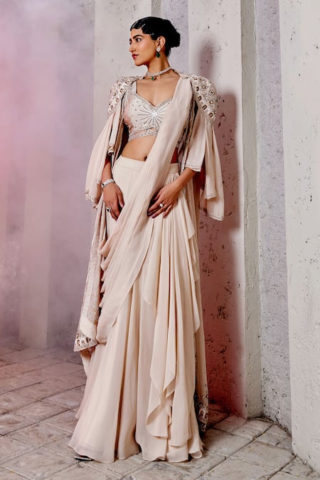 Miku Kumar Ivory Georgette, Viscose Embroidery Layered Cape And Pre-draped Lehenga Saree Set Online at Aza Fashions Miku Kumar_Ivory Georgette, Viscose Embroidery Layered Cape And Pre-draped Lehenga Saree Set _Online_at_Aza_Fashions