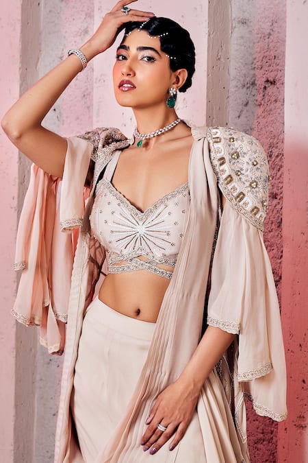 Buy Miku Kumar Ivory Georgette, Viscose Embroidery Layered Cape And Pre-draped Lehenga Saree Set Online at Aza Fashions Buy_Miku Kumar_Ivory Georgette, Viscose Embroidery Layered Cape And Pre-draped Lehenga Saree Set _Online_at_Aza_Fashions