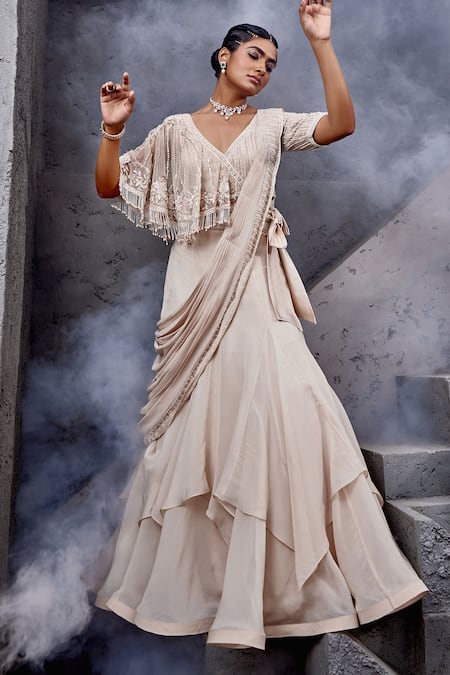 Miku Kumar Ivory Net, Georgette, Viscose Tassels, Embroidery Blouse And Pre-draped Saree Set Online at Aza Fashions Miku Kumar_Ivory Net, Georgette, Viscose Tassels, Embroidery Blouse And Pre-draped Saree Set _Online_at_Aza_Fashions