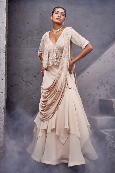 Buy Miku Kumar Ivory Net, Georgette, Viscose Tassels, Embroidery Blouse And Pre-draped Saree Set Online at Aza Fashions Buy_Miku Kumar_Ivory Net, Georgette, Viscose Tassels, Embroidery Blouse And Pre-draped Saree Set _Online_at_Aza_Fashions