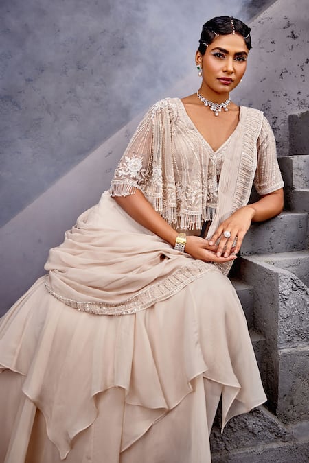 Shop Miku Kumar Ivory Net, Georgette, Viscose Tassels, Embroidery Blouse And Pre-draped Saree Set Online at Aza Fashions Shop_Miku Kumar_Ivory Net, Georgette, Viscose Tassels, Embroidery Blouse And Pre-draped Saree Set _Online_at_Aza_Fashions