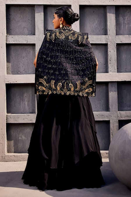 Shop_Miku Kumar_Black Georgette, Viscose Embroidery, Tassels Cape And Pre-draped Lehenga Saree Set _at_Aza_Fashions