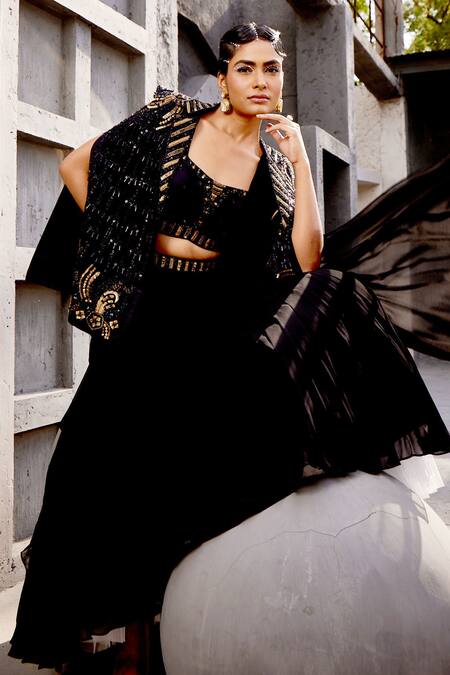 Miku Kumar_Black Georgette, Viscose Embroidery, Tassels Cape And Pre-draped Lehenga Saree Set _Online_at_Aza_Fashions