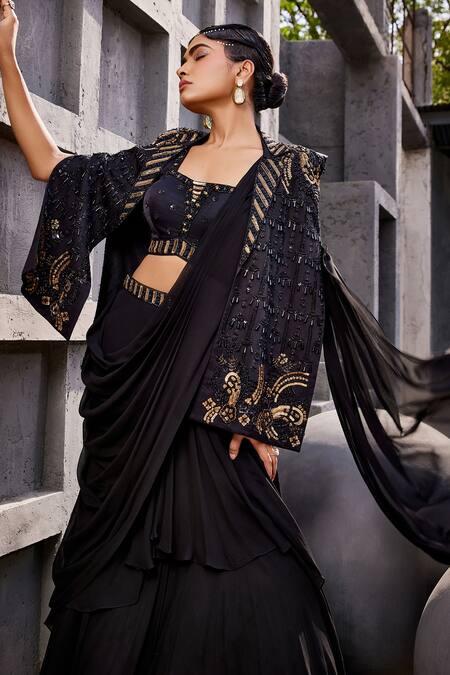 Buy_Miku Kumar_Black Georgette, Viscose Embroidery, Tassels Cape And Pre-draped Lehenga Saree Set _Online_at_Aza_Fashions