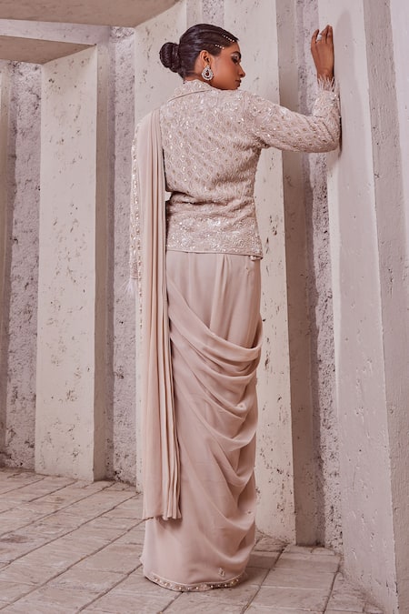 Shop Miku Kumar Ivory Georgette Embroidery, Sequins Collared Jacket And Pre-draped Saree Set at Aza Fashions Shop_Miku Kumar_Ivory Georgette Embroidery, Sequins Collared Jacket And Pre-draped Saree Set _at_Aza_Fashions