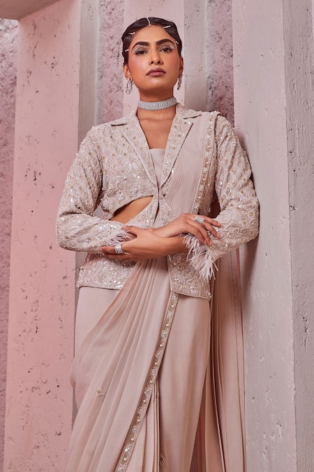 Miku Kumar Ivory Georgette Embroidery, Sequins Collared Jacket And Pre-draped Saree Set Online at Aza Fashions Miku Kumar_Ivory Georgette Embroidery, Sequins Collared Jacket And Pre-draped Saree Set _Online_at_Aza_Fashions