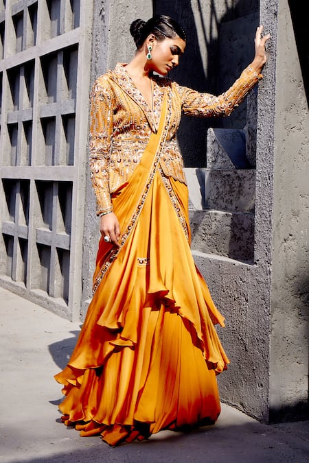 Miku Kumar Orange Georgette, Viscose Embroidery Floral Jacket And Pre-draped Saree Set Online at Aza Fashions Miku Kumar_Orange Georgette, Viscose Embroidery Floral Jacket And Pre-draped Saree Set _Online_at_Aza_Fashions