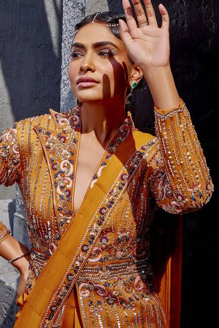 Buy Miku Kumar Orange Georgette, Viscose Embroidery Floral Jacket And Pre-draped Saree Set Online at Aza Fashions Buy_Miku Kumar_Orange Georgette, Viscose Embroidery Floral Jacket And Pre-draped Saree Set _Online_at_Aza_Fashions