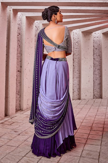 Miku Kumar - Purple Georgette Embroidered Sash And Pre-draped Lehenga Saree  Set For Women