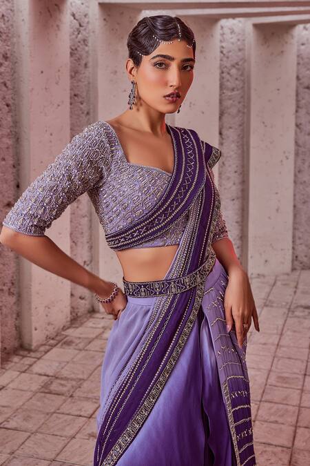 Buy_Miku Kumar_Purple Silk, Georgette Embroidery Sweetheart Sash And Pre-draped Lehenga Saree Set _Online_at_Aza_Fashions