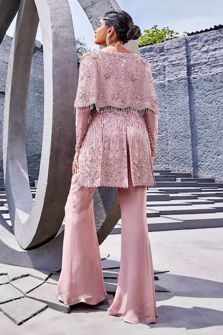 Shop Miku Kumar Pink Net, Georgette Sequins, Cut Floral Embroidered Open Jacket With Palazzo at Aza Fashions Shop_Miku Kumar_Pink Net, Georgette Sequins, Cut Floral Embroidered Open Jacket With Palazzo _at_Aza_Fashions