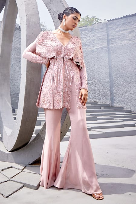 Miku Kumar Pink Net, Georgette Sequins, Cut Floral Embroidered Open Jacket With Palazzo Online at Aza Fashions Miku Kumar_Pink Net, Georgette Sequins, Cut Floral Embroidered Open Jacket With Palazzo _Online_at_Aza_Fashions