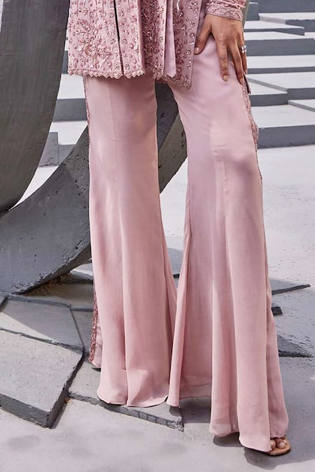 Shop Miku Kumar Pink Net, Georgette Sequins, Cut Floral Embroidered Open Jacket With Palazzo Online at Aza Fashions Shop_Miku Kumar_Pink Net, Georgette Sequins, Cut Floral Embroidered Open Jacket With Palazzo _Online_at_Aza_Fashions