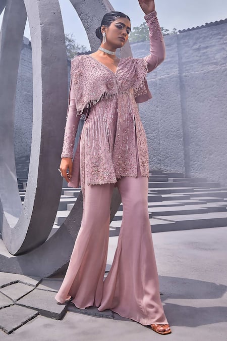 Miku Kumar Pink Net, Georgette Sequins, Cut Floral Embroidered Open Jacket With Palazzo at Aza Fashions Miku Kumar_Pink Net, Georgette Sequins, Cut Floral Embroidered Open Jacket With Palazzo _at_Aza_Fashions