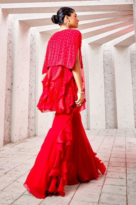 Shop Miku Kumar Red Georgette, Viscose Cut Work, Cutdana Embroidered Cape Jacket Palazzo Set at Aza Fashions Shop_Miku Kumar_Red Georgette, Viscose Cut Work, Cutdana Embroidered Cape Jacket Palazzo Set _at_Aza_Fashions