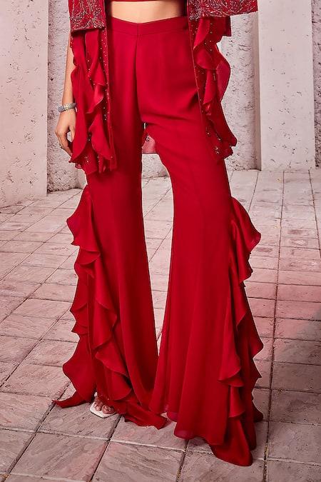 Miku Kumar Red Georgette, Viscose Cut Work, Cutdana Embroidered Cape Jacket Palazzo Set Online at Aza Fashions Miku Kumar_Red Georgette, Viscose Cut Work, Cutdana Embroidered Cape Jacket Palazzo Set _Online_at_Aza_Fashions