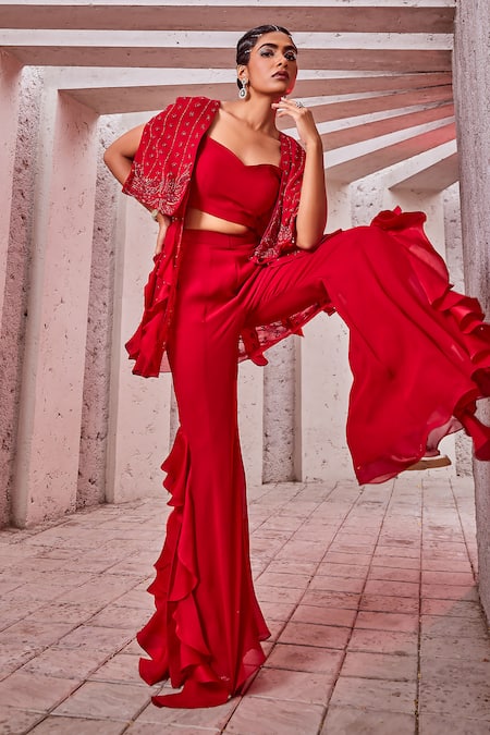 Buy Miku Kumar Red Georgette, Viscose Cut Work, Cutdana Embroidered Cape Jacket Palazzo Set Online at Aza Fashions Buy_Miku Kumar_Red Georgette, Viscose Cut Work, Cutdana Embroidered Cape Jacket Palazzo Set _Online_at_Aza_Fashions