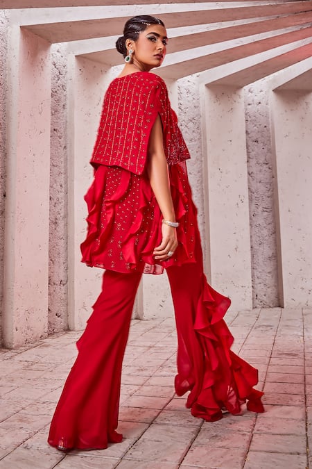 Shop Miku Kumar Red Georgette, Viscose Cut Work, Cutdana Embroidered Cape Jacket Palazzo Set Online at Aza Fashions Shop_Miku Kumar_Red Georgette, Viscose Cut Work, Cutdana Embroidered Cape Jacket Palazzo Set _Online_at_Aza_Fashions