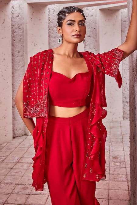Miku Kumar Red Georgette, Viscose Cut Work, Cutdana Embroidered Cape Jacket Palazzo Set at Aza Fashions Miku Kumar_Red Georgette, Viscose Cut Work, Cutdana Embroidered Cape Jacket Palazzo Set _at_Aza_Fashions