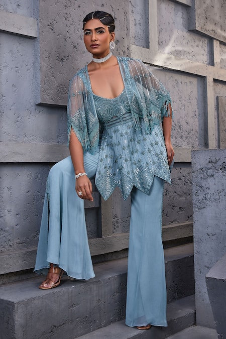 Buy Miku Kumar Blue Georgette, Net Sequins, Cut Work Embellished Tasselled Cape Pant Set Online at Aza Fashions Buy_Miku Kumar_Blue Georgette, Net Sequins, Cut Work Embellished Tasselled Cape Pant Set _Online_at_Aza_Fashions