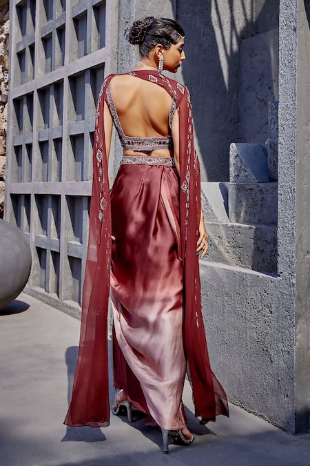 Shop Miku Kumar Brown Viscose, Satin, Organza Cutdana Embroidered Split Cape Dhoti Skirt Set at Aza Fashions Shop_Miku Kumar_Brown Viscose, Satin, Organza Cutdana Embroidered Split Cape Dhoti Skirt Set _at_Aza_Fashions