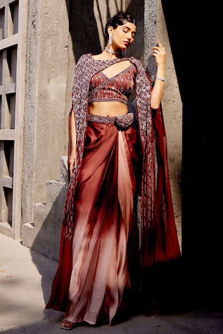 Miku Kumar Brown Viscose, Satin, Organza Cutdana Embroidered Split Cape Dhoti Skirt Set Online at Aza Fashions Miku Kumar_Brown Viscose, Satin, Organza Cutdana Embroidered Split Cape Dhoti Skirt Set _Online_at_Aza_Fashions