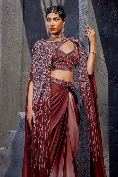 Shop Miku Kumar Brown Viscose, Satin, Organza Cutdana Embroidered Split Cape Dhoti Skirt Set Online at Aza Fashions Shop_Miku Kumar_Brown Viscose, Satin, Organza Cutdana Embroidered Split Cape Dhoti Skirt Set _Online_at_Aza_Fashions
