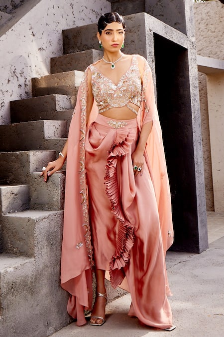 Miku Kumar Pearl Embellished Cape Draped Skirt Set 