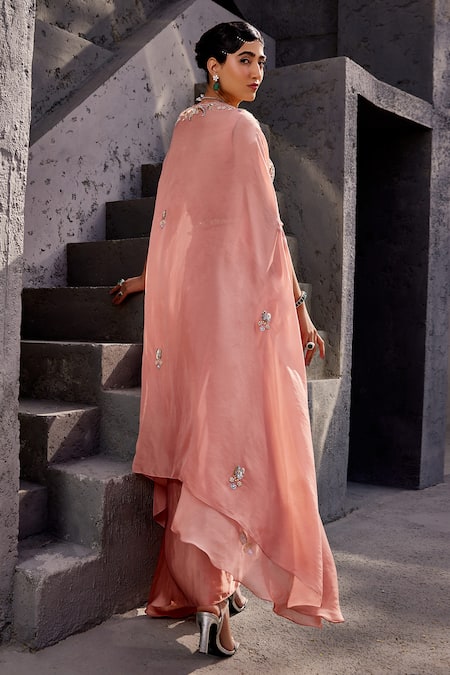 Shop Miku Kumar Peach Viscose, Satin, Organza Sequins, Pearl Embellished Cape Draped Skirt Set at Aza Fashions Shop_Miku Kumar_Peach Viscose, Satin, Organza Sequins, Pearl Embellished Cape Draped Skirt Set _at_Aza_Fashions