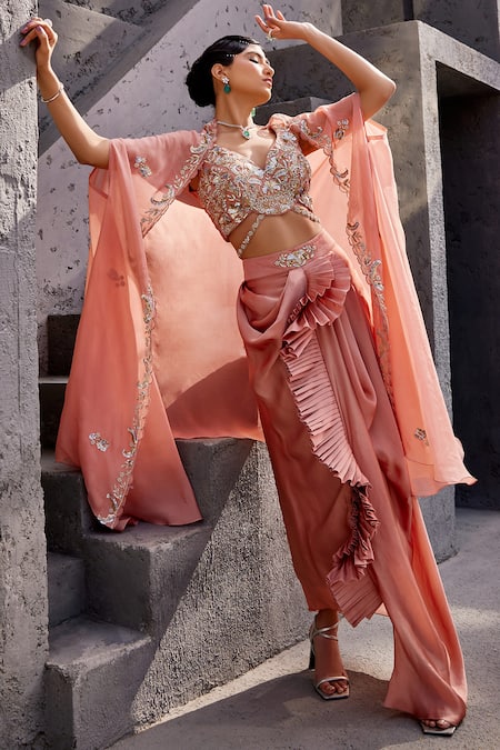 Miku Kumar Peach Viscose, Satin, Organza Sequins, Pearl Embellished Cape Draped Skirt Set Online at Aza Fashions Miku Kumar_Peach Viscose, Satin, Organza Sequins, Pearl Embellished Cape Draped Skirt Set _Online_at_Aza_Fashions