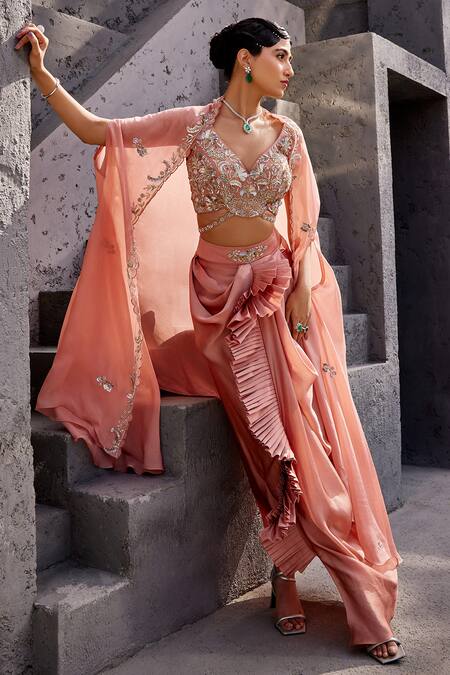 Buy Miku Kumar Peach Viscose, Satin, Organza Sequins, Pearl Embellished Cape Draped Skirt Set Online at Aza Fashions Buy_Miku Kumar_Peach Viscose, Satin, Organza Sequins, Pearl Embellished Cape Draped Skirt Set _Online_at_Aza_Fashions