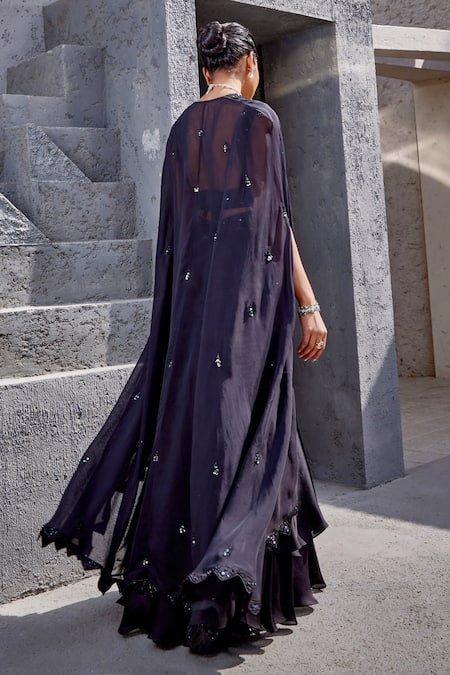 Shop Miku Kumar Black Georgette Cut Work, Sequins Tonal Cutdana Embellished Blouse Skirt Set at Aza Fashions Shop_Miku Kumar_Black Georgette Cut Work, Sequins Tonal Cutdana Embellished Blouse Skirt Set _at_Aza_Fashions