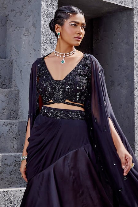 Miku Kumar Black Georgette Cut Work, Sequins Tonal Cutdana Embellished Blouse Skirt Set Online at Aza Fashions Miku Kumar_Black Georgette Cut Work, Sequins Tonal Cutdana Embellished Blouse Skirt Set _Online_at_Aza_Fashions