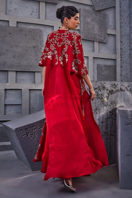 Shop Miku Kumar Red Viscose, Satin, Organza, Floral Thread Embroidered Jacket Cape Skirt Set at Aza Fashions Shop_Miku Kumar_Red Viscose, Satin, Organza, Floral Thread Embroidered Jacket Cape Skirt Set _at_Aza_Fashions