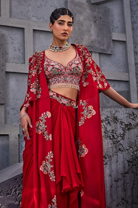 Miku Kumar Red Viscose, Satin, Organza, Floral Thread Embroidered Jacket Cape Skirt Set Online at Aza Fashions Miku Kumar_Red Viscose, Satin, Organza, Floral Thread Embroidered Jacket Cape Skirt Set _Online_at_Aza_Fashions