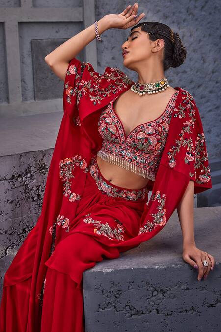 Buy Miku Kumar Red Viscose, Satin, Organza, Floral Thread Embroidered Jacket Cape Skirt Set Online at Aza Fashions Buy_Miku Kumar_Red Viscose, Satin, Organza, Floral Thread Embroidered Jacket Cape Skirt Set _Online_at_Aza_Fashions
