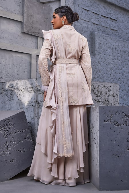 Shop Miku Kumar Ivory Georgette, Net, Viscose Embroidery, Pearl Floral Jacket Sharara Set at Aza Fashions Shop_Miku Kumar_Ivory Georgette, Net, Viscose Embroidery, Pearl Floral Jacket Sharara Set _at_Aza_Fashions