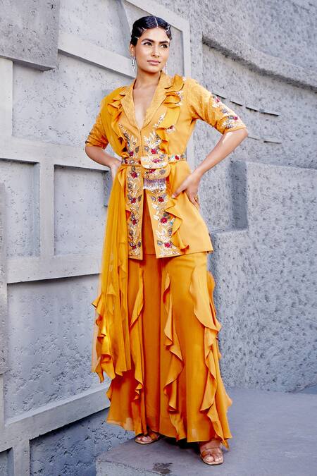 Miku Kumar Orange Georgette, Net, Viscose Thread Floral Embroidered Jacket Sharara Set Online at Aza Fashions Miku Kumar_Orange Georgette, Net, Viscose Thread Floral Embroidered Jacket Sharara Set _Online_at_Aza_Fashions