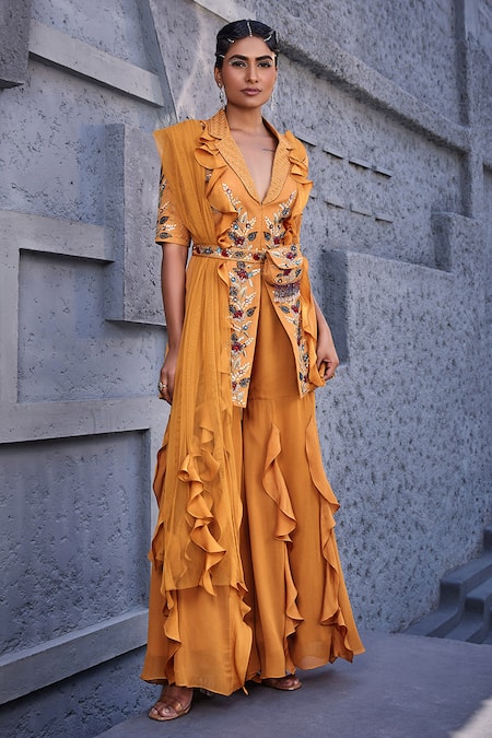 Buy Miku Kumar Orange Georgette, Net, Viscose Thread Floral Embroidered Jacket Sharara Set Online at Aza Fashions Buy_Miku Kumar_Orange Georgette, Net, Viscose Thread Floral Embroidered Jacket Sharara Set _Online_at_Aza_Fashions